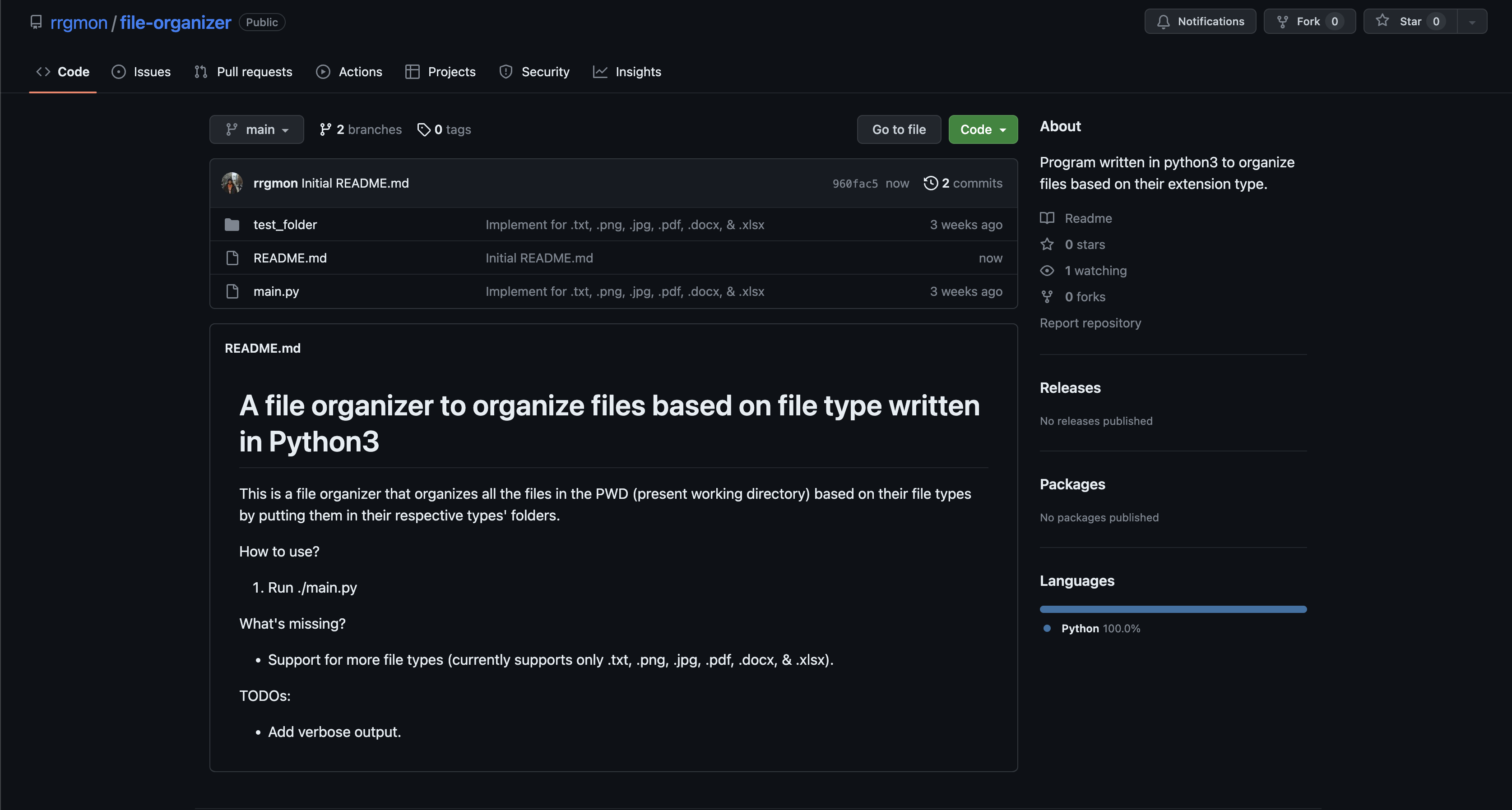 File organizer's github page screenshot